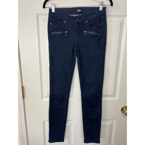 Paige Transcend Mid Rise Indio Zip Skinny Dark Blue Denim Jean Moto Grunge Boho - Picture 2 of 9